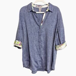 Chicos No Iron Linen Button Front Tunic Top Size 2/US L Blue Flip Cuff Coastal